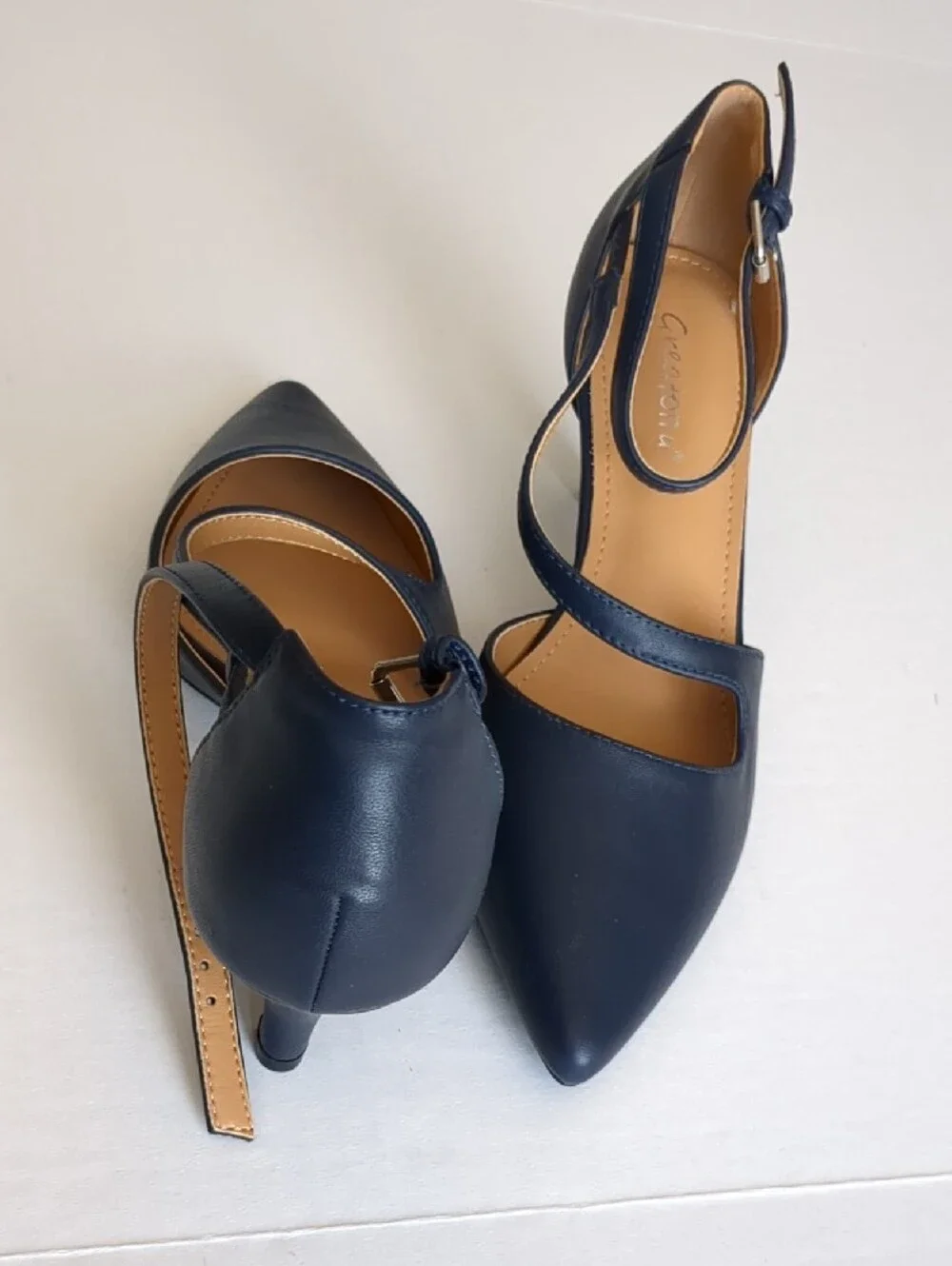 Strappy Pointed-Toe Ankle-Strap Heels in Navy